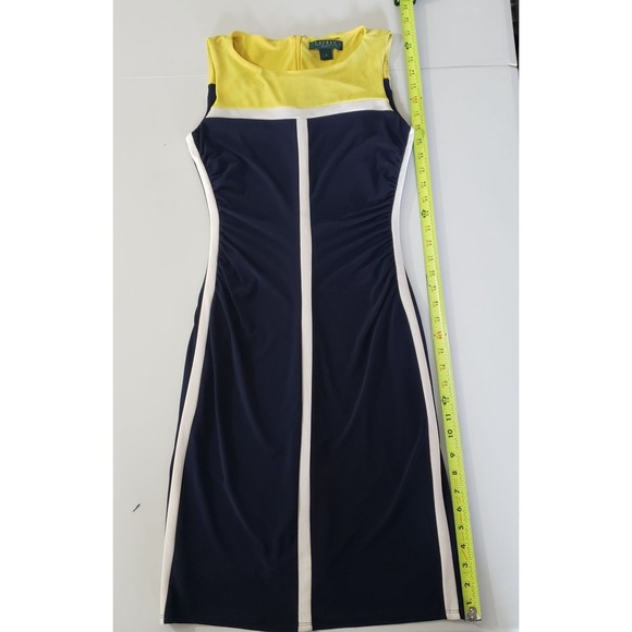 Lauren Ralph Lauren Colorblock Ruched Sheath Dress Navy Yellow Size 2 - Picture 5 of 12